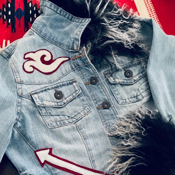 Chic Upcycled Denim Jacket with Mongolian Lamb Fur Collar and Cuffs with Cowhide - Picture 9 of 14